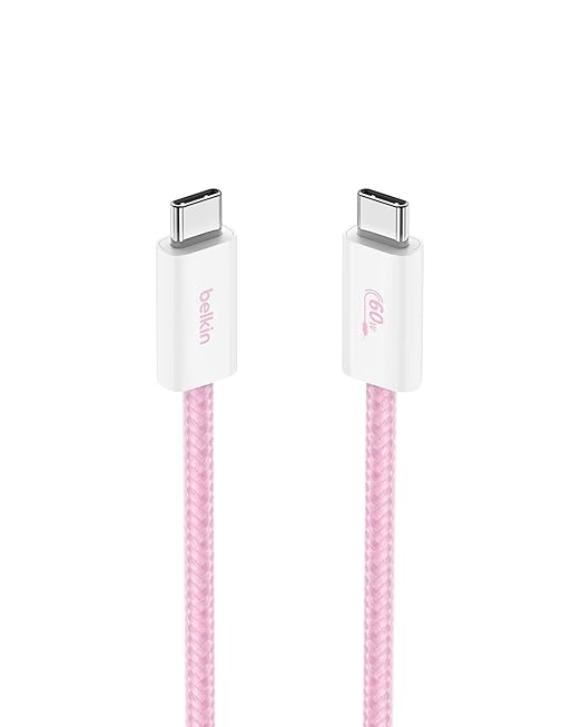 Belkin USB C to USB C Cable, 3.3ft, 60W - Type C Charger, iPhone Charger Cord, Soft, Braided, Flexible for iPhone 16, Galaxy S25, Pixel 9, Airpods, iPad Pro, Tablet & More, Travel Essentials - Pink