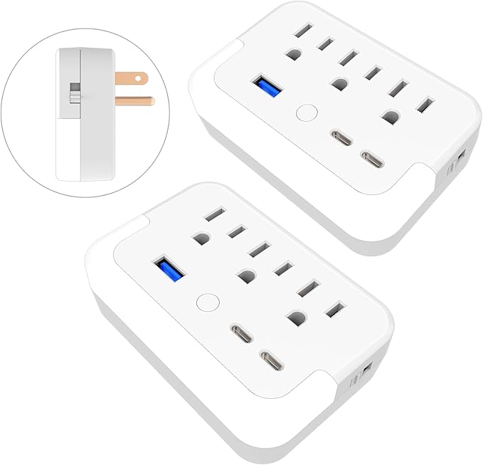 2 Pack Compact Outlet Extender with Light Sensor lamp,Multi Plug Wall Outlet with 3 Outlet and 3 USB Ports(2 USB-C Ports && 1 USB-A Port Total 15.5W/3.1A).Power Strip for Home Travel Office-White