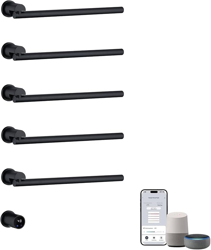Heated Towel Rack Concealed Smart, 93W Swivel Electric Towel Warmer for Bathroom, Built-in Modular Electric Towel Rack with Timer, Thermostat, LED Display, APP, 5 Bar 180° Rotation, Hardwired, Black