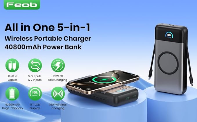 Wireless Portable Charger 40800mAh with Built-in Cables, 15W Wireless Charging USB C Power Bank, 25W PD QC 4.0 5 Outputs TFT LCD Display Battery Pack for iPhone 16/15/14/13/12, Samsung, Android etc