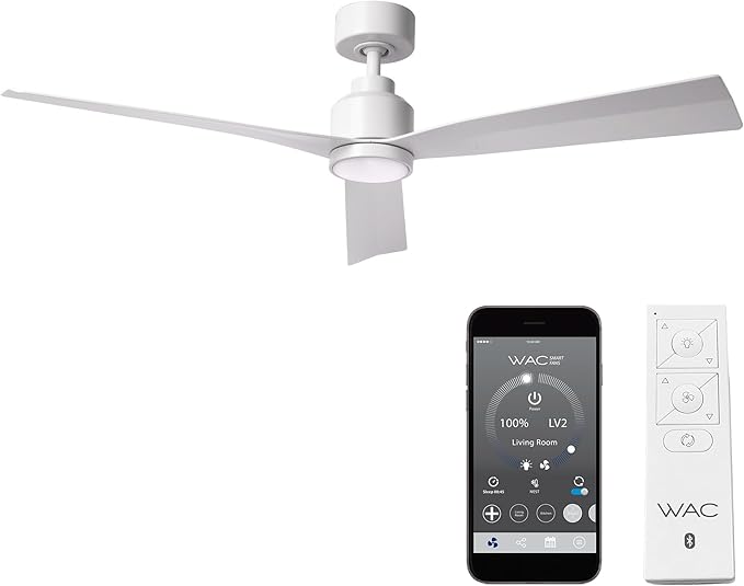 WAC Smart Fans Clean Indoor and Outdoor 3-Blade Smart Home Ceiling Fan 52in Matte White with 3000K LED Light Kit and Remote Control works with Alexa and iOS or Android App