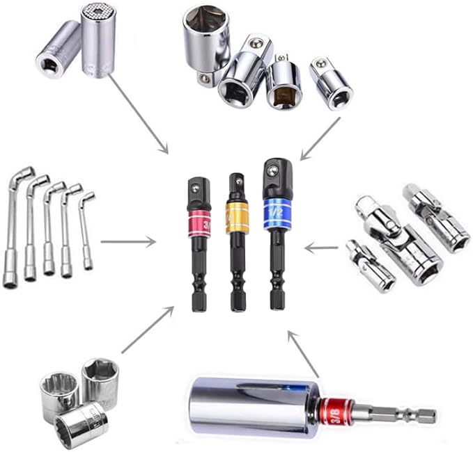 Impact Socket Adapter Set with 3 joint sockets (1/4", 3/8", 1/2") that transforms your power drill into a high-speed nut driver. Includes drill adapter and extension set for versatile use