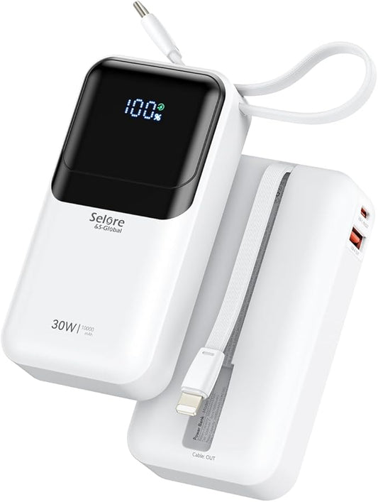 PD 30W Fast Charging Portable iPhone Charger 10 000mAh Mini Size Power Bank with Built in USB C & Lightning Cable, LED Display, Travel Battery Pack for iPhone 16/15/14/13 Series Samsung etc