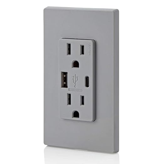 Leviton T5633-GY Type A & Type-C USB In-Wall Charger with 15A Tamper-Resistant Outlet, USB Charger for Smartphones and Tablets. Not for Laptops, Gray