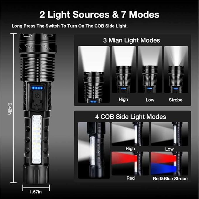Rechargeable Flashlights High Lumens 980,000L (2 Packs), Super Bright LED Handheld Flash Light with USB C, COB Side Light, 7 Modes, Waterproof, Battery Powered Flashlight for Emergency, Home