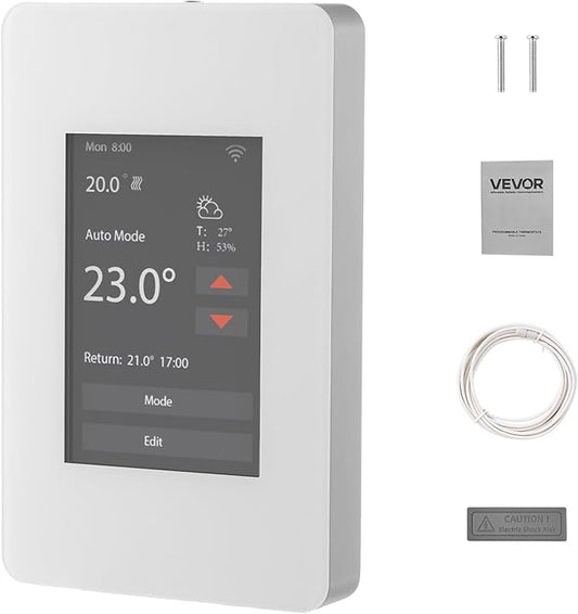 VEVOR 7-Day Programmable Thermostat, Home Thermostats for Radiant Underfloor Heating Cable,Heat Pump with GFCI & Sensitive Sensor,TFT Color Display Touchscreen,Efficient,Gray-White (Without WiFi)