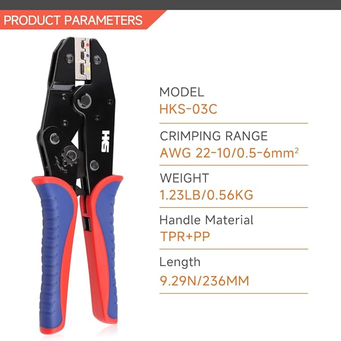 HKS Crimping Tool For Insulated Electrical Connectors - Ratcheting Wire Crimpers - AWG 22-10 (0.5-6.0mm²) - Ratchet Terminal Crimper - Electrical Crimping Tool
