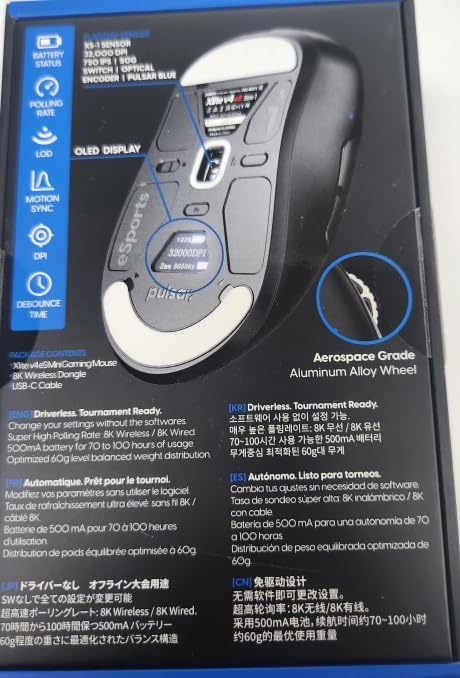 Pulsar Gaming Gears Xlite v4 eS Wireless Gaming Mouse Ergonomic, Optical Switch, 32000 DPI, 750 IPS, XS-1 Sensor, OLED Display, Driverless, 8k Dongle Included (Mini, Black)