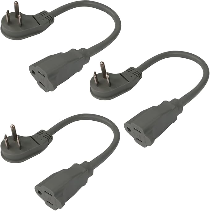 EP 3 Pack 1 Ft Flat Plug Extension Cord, 16 AWG 3 Prong Grounded Grey Low Profile Extension Cable for Indoor