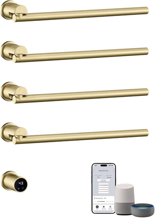 Electric Towel Warmer Concealed Smart, 75W Swivel Heated Towel Rack for Bathroom, Built-in Modular Electric Towel Rack with Timer, Thermostat, LED Display, APP, 4 Bar 180° Rotation, Hardwired, Gold