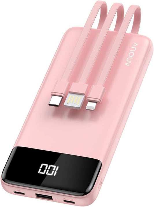 Portable Charger with Built-in Cables 10000mAh Power Bank with Cords, Slim Fast Charging Battery Pack, Travel Essential Portable Charger for iPhone 17/16/15/14/13 Series, Samsung Google Pixel iPad