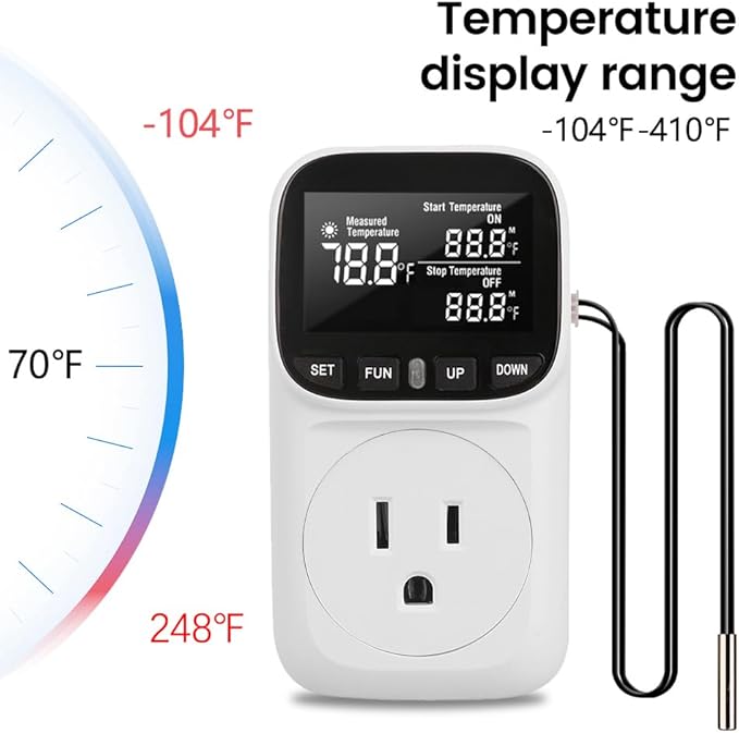 Diymore 1800W Digital Temperature Controller Plug in Thermostat Outlet Digital RV Thermostat Heating Cooling Mode Timer 15A /120V -104℉~210℉ for Incubator Thermometer Pool Thermometer
