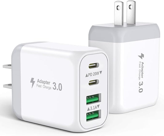 40W USB C Charger Block, 2-Pack 4-Port Fast Charging Block Power Adapter, Dual PD & QC Type-C Multiport Wall Charger for iPhone 16 15 14 13 12 11 Pro Max, Samsung, Tablets