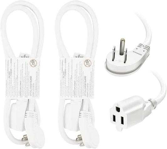 EP 2 Pack 3 Ft Flat Plug Extension Cord, 16 AWG 3 Prong Grounded White Low Profile Extension Cable for Indoor