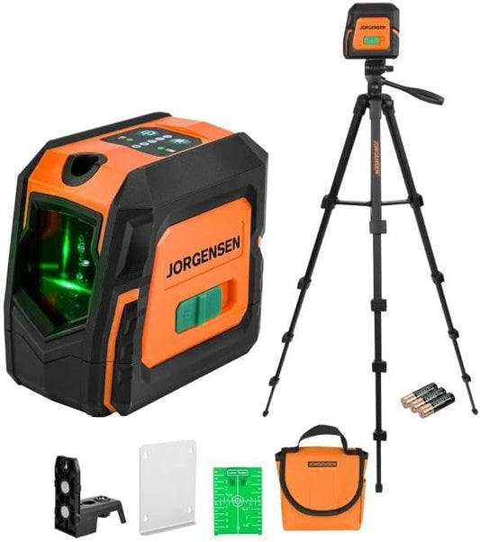 JORGENSEN Laser Level with Tripod & 2 Plumb Dots, 100 FT Self Leveling Point Cross Line Laser Leveler Tool, Wide Angle Green Laser Level for Picture Hanging, Indoor Project, Construction, Carry Bag
