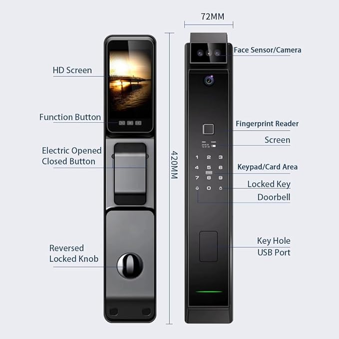 Smart Fingerprint Door Lock with Camera, 3D Face Recognition Keyless Entry Door Lock, Aluminum Alloy Biometric Smart Door Lock, 6 Unlock Mode for 40-120mm Thickness Door, with 4200mAh Battery