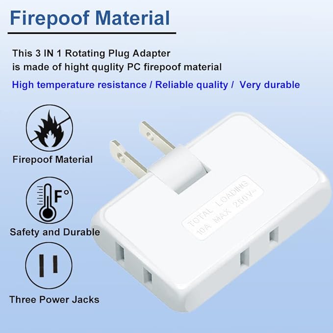 3 Pack AC Flat Wall Outlet Extender,3 Way 2 Prong180 Degree Portable Swivel Wall Tap Plug,Ultra Thin Folding Electrical Outlet Splitter (Easy Install),Type A,White