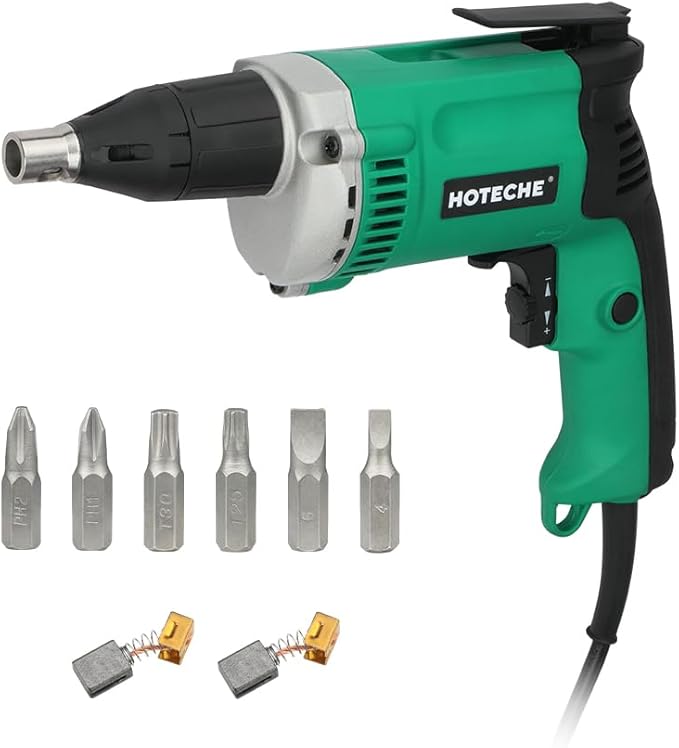 Hoteche 5-Amp Dry Wall Screw Driver, Electric Screwdriver with Variable Speed 0-4500 RPM, 1/4" Chuck, Forward & Reverse Switch with 6pcs Cr-V Bits