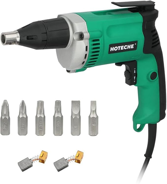 Hoteche 5-Amp Dry Wall Screw Driver, Electric Screwdriver with Variable Speed 0-4500 RPM, 1/4" Chuck, Forward & Reverse Switch with 6pcs Cr-V Bits