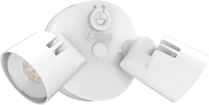 Lithonia Lighting HomeGuard 2-Light LED Outdoor Flood Lights, Outdoor LED Lights, Dusk to Dawn Sensor, Adjustable Lumens, 4000K Cool White, Round Heads, White (HGX LED 2RH ALO 40K 120 PE WH M2)