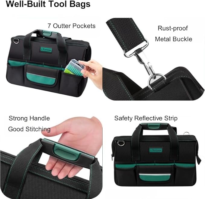Tool Bag Heavy Duty 16.5-Inch with 16 Pockets Portable Handle Adjustable Shoulder Strap Waterproof Wide Mouth Tools Storage Organizer Carry Tote Box for Craftsman Electrician Mechanic (15-Inch)