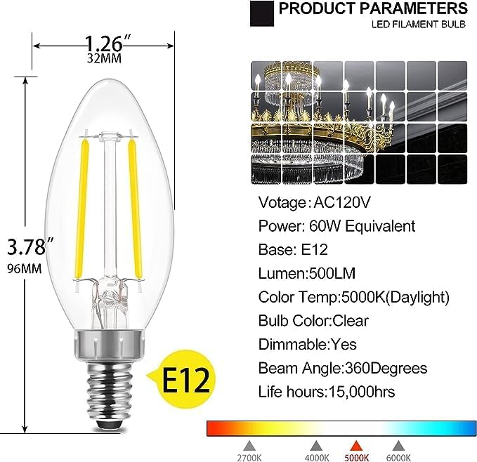 Energetic LED Candelabra Light Bulbs B10, Daylight 5000K, E12 Base, 60 Watt Equivalent Chandelier LED Edison Bulbs, Dimmable, 24 Pack