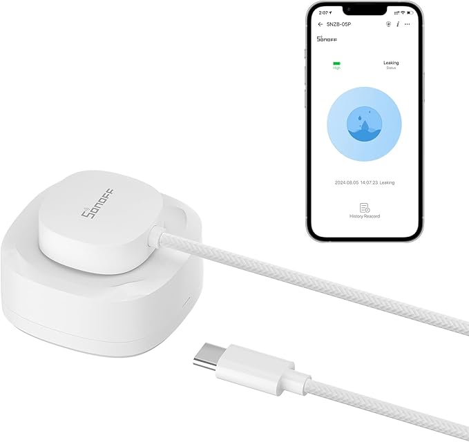 SONOFF SNZB-05P Zigbee Water Leak Sensor with Detection Cable for Alarm System and Smart Home Automation, Wireless Mini Flood Detector for Kitchen Bathroom Basement 1Pack