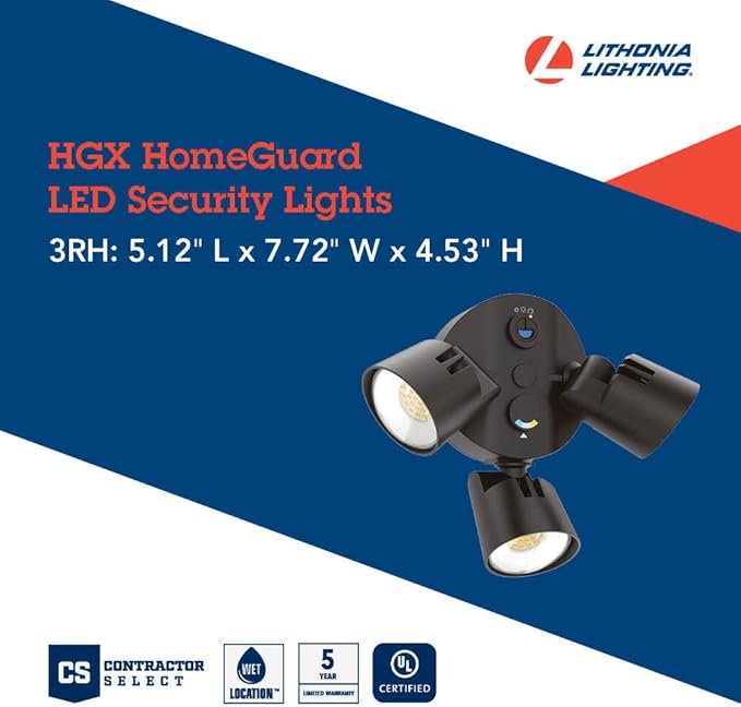 Lithonia Lighting HomeGuard 3-Light LED Outdoor Flood Lights, Outdoor LED Lights, Dusk to Dawn Sensor, Adjustable Lumens, Selectable Color, Round Heads, Dark Bronze (HGX LED 3RH ALO SWW2 120 PE DDB)