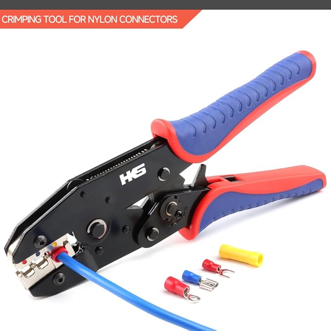 HKS Crimping Tool For Insulated Electrical Connectors - Ratcheting Wire Crimpers - AWG 22-10 (0.5-6.0mm²) - Ratchet Terminal Crimper - Electrical Crimping Tool