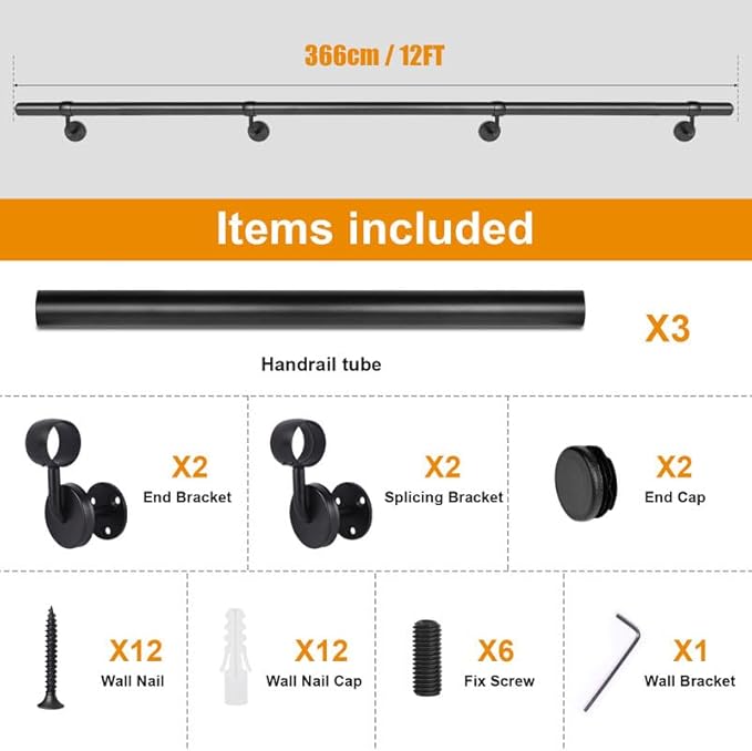 12Ft Industrial Metal Stairs Handrail Kit, Sturdy Wall Mount Aluminum Hand Rail, Indoor Outdoor Stair Railing Wood Concrete Brick Wall,1.5 in Round Pipe Grab Bar, Matte Black-12FT