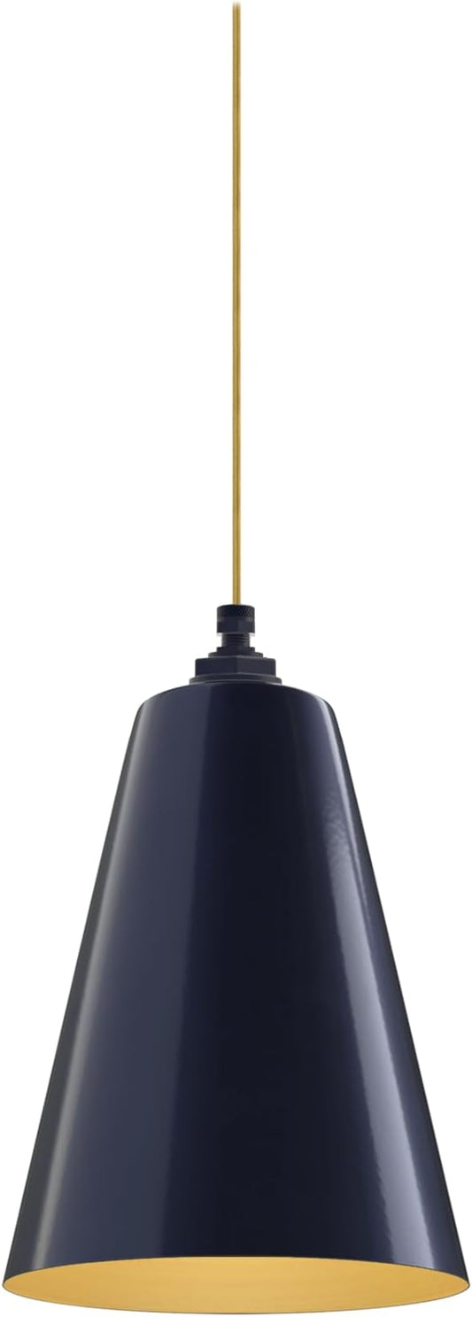 Steel Lighting Co. Laurel Pendant Light | Ceiling Mounted | 8.5 inch Cone Shade | Modern Contemporary Farmhouse Style Made in America | Gold Cloth Cord | Navy Blue Exterior/Brass Interior