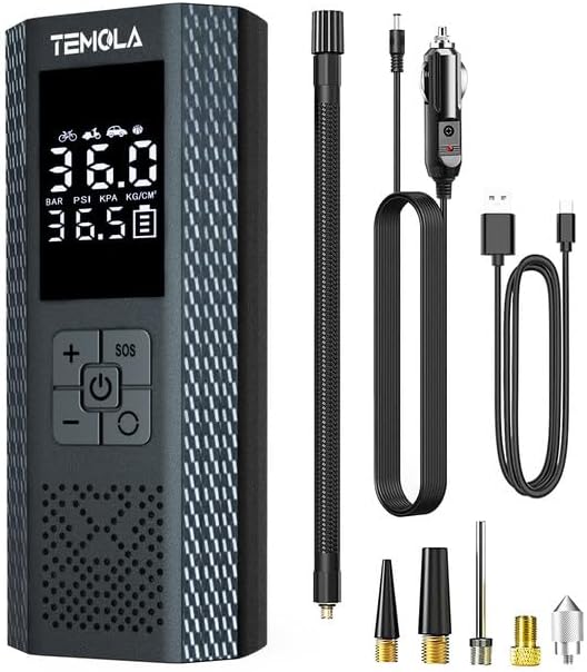 TEMOLA Tire Inflator Portable Air Compressor, 150PSI Portable Air Pump for Car Tires, Car Tire Air Pump Portable with Accurate Pressure LCD Display and LED Light, Cordless Tire Inflator for Cars Bike