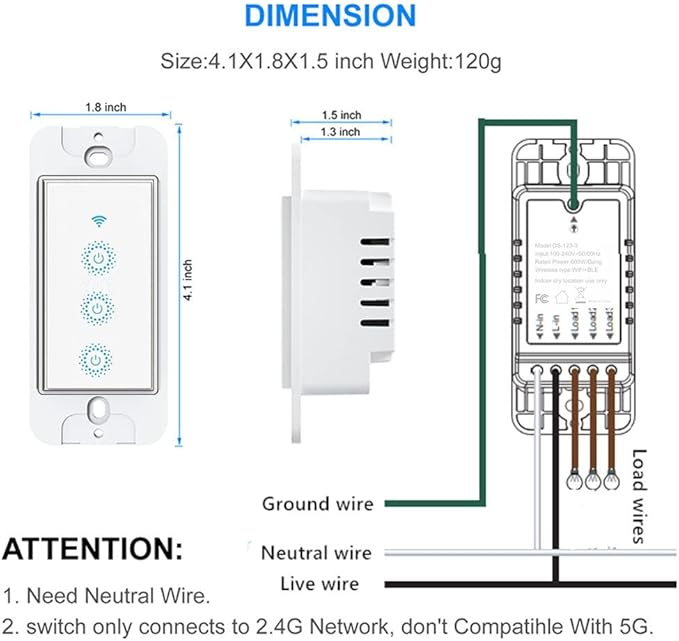 Nexete Smart Triple Light Switch, Remote Voice Control, Compatible with Alexa & Google Assistant, Neutral Wire Required (1-Pack)