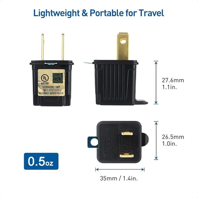 [UL Listed] Cable Matters 3-Pack 2 Prong to 3 Prong Outlet Adapter, 3P to 2P Plug Adapter - Converts a 2-Prong Outlet to Support 3-Prong Plugs, Black