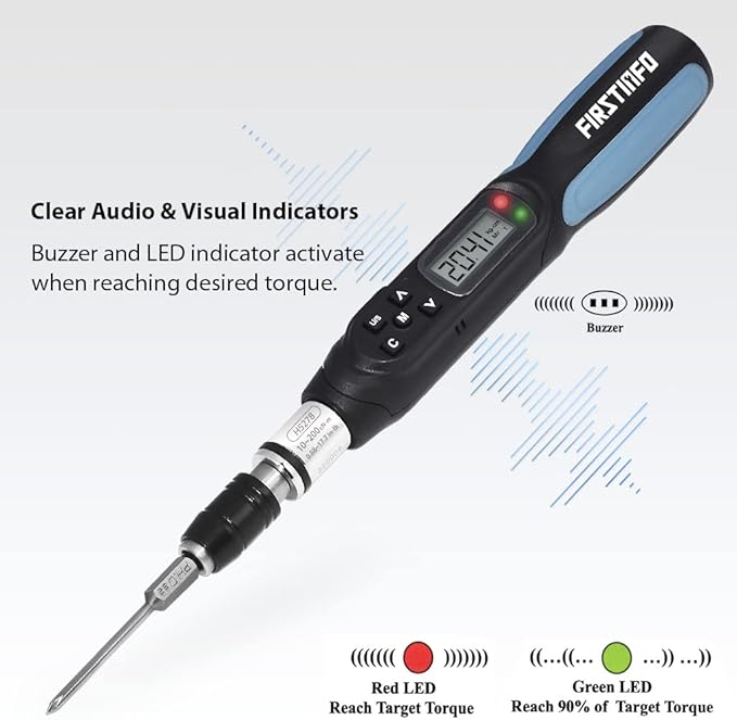 FIRSTINFO H5278U Digital Torque Screwdriver, Dual Direction 0.88-17.7 in-lbs. / 10-200 cN-m / 1.02-20.41 kg-cm, with 250 Data Memory, LED and Buzzer Notification, Preset Memory
