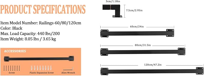 Stair Railing Metal Hand Rails for Indoor Stairs Wall Mount Staircase Handrails 1.25" Pipe Stair Handrail for Steps Black Iron Stairway Railing for Outdoor & Indoor Stairs -48inch