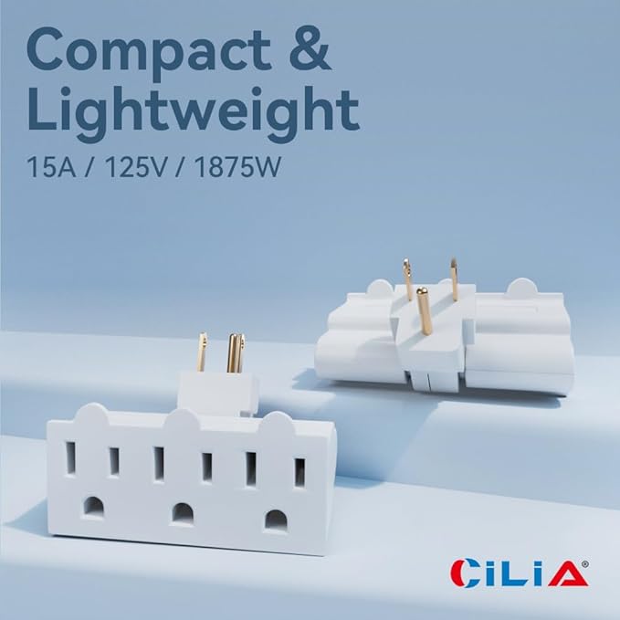 CILIA 1 PC 3 Electrical Outlet Wall Adapter, Multi-Outlet Power Strip ETL Listed 3-Prong Grounded 180 Degree Swivel Indoor AC Mini Plug Wall Outlet Extender Tap White