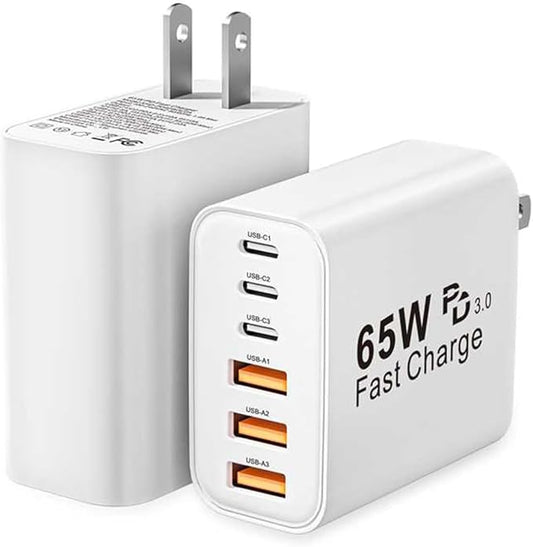 USB C Charger Block, 2-Pack 65W 6-Port USB C Wall Charger iPhone Charger Fast Charging PD Power Adapter+QC Wall Plug Multiport Type C Brick Chargers for iPhone 17 16 15 14 13 12 11 Pro Max XS,Samsung