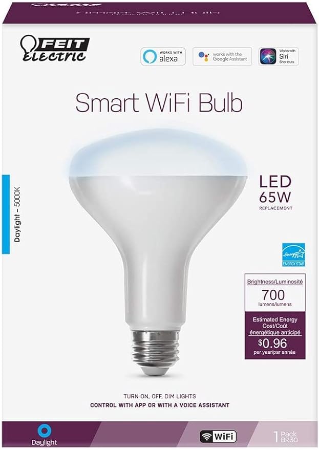 Feit Electric Smart BR30 Wifi Bulb, 5000K Daylight, 2.4GHz WIFI, No Hub Needed, Works with Alexa and Google Home Assistant, App Control, Dimmable, 65W Equivalent, Flood Light Smart Bulb, BR30/950CA/AG