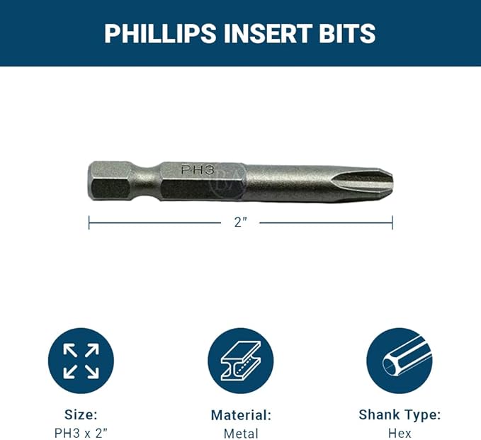 Benchmark Abrasives 1/4 Inch Hex Anti Slip Phillips Insert Screw Head Screwdriver Bits, Rotary Drill Bits for Repairing Electronics, Automotive Parts, Furniture (50 Pack) - (PH3 x 2")