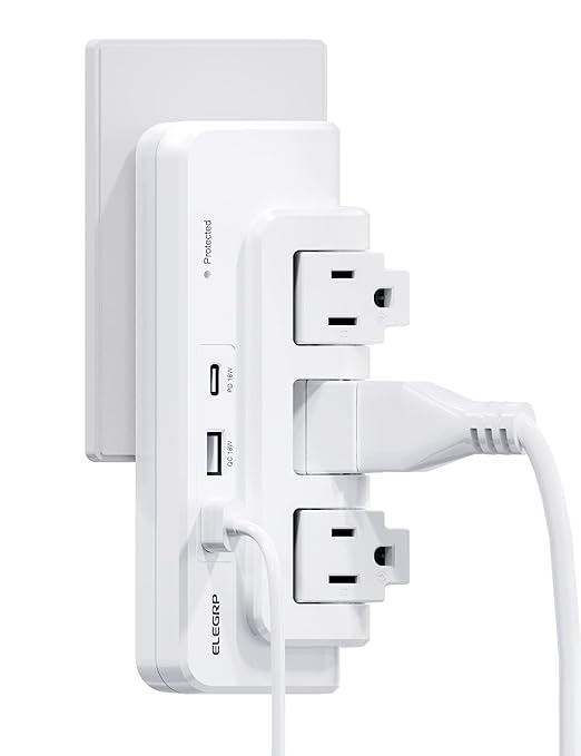 ELEGRP Outlet Extender with 3 Rotating Surge Protector Outlets, Multi Plug Outlet Adapter with 3 USB Ports, Power Strip with Spaced Outlet Splitter for Home, Office, Travel, ETL Listed, White, 1 Pack