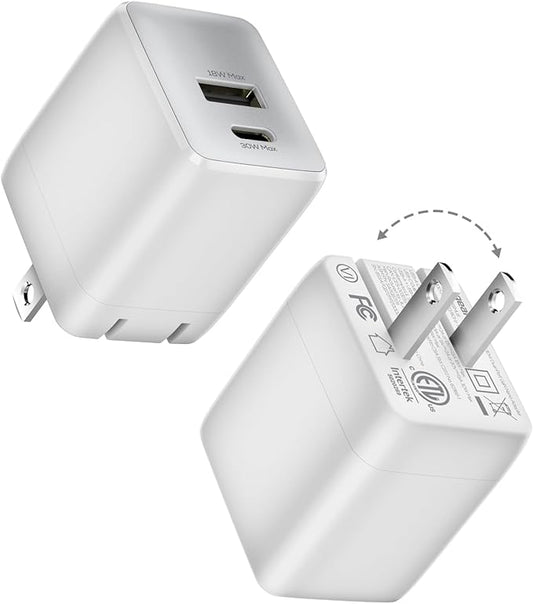 USB C Fast Charging Charger, 30W Dual-Port GaN Nano Charger with Foldable Plug for iPhone 16/15 Series, iPad, Galaxy S24 Ultra and More Series, (White, 2 Pack)