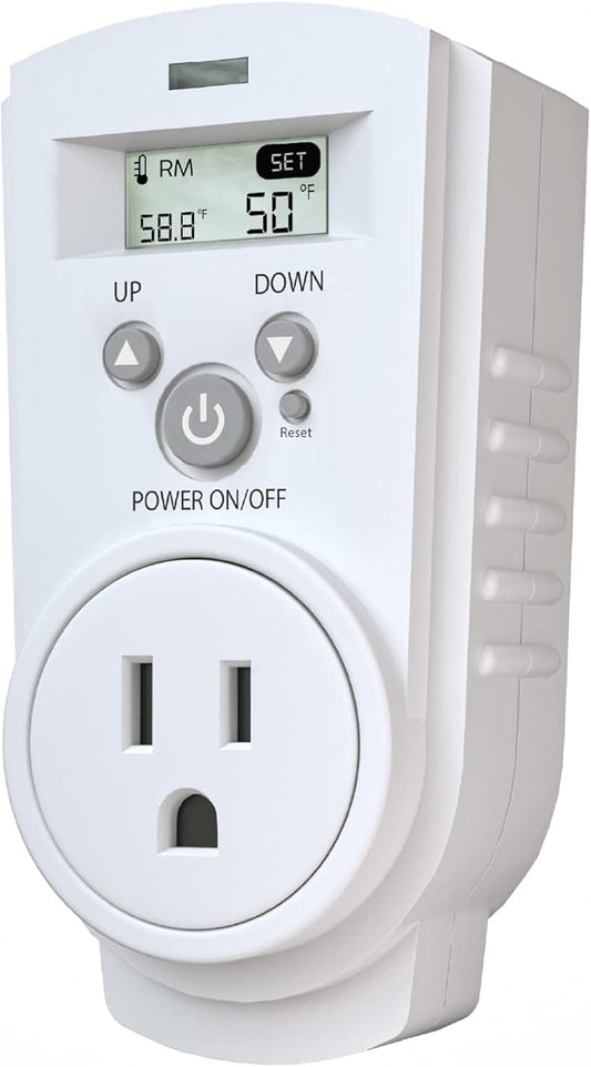 EconoHome Digital Plug in Thermostat - Programmable Thermostat with LCD Screen, Temperature Control & Power Buttons - Compatible with Wall Mount & Portable Heater, Air Cooler, Greenhouse Fans