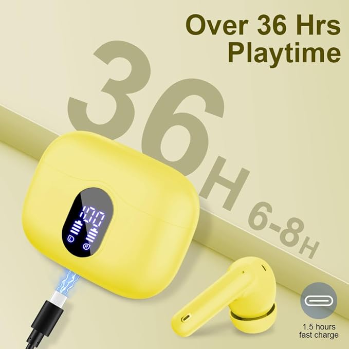 Wireless Earbuds, Bluetooth 5.4 Headphones Bass Stereo, Ear Buds with Noise Cancelling Mic LED Display, IP7 Waterproof in Ear Earphones, 36H Playtime for Laptop Pad Phones Sports Workout, Yellow