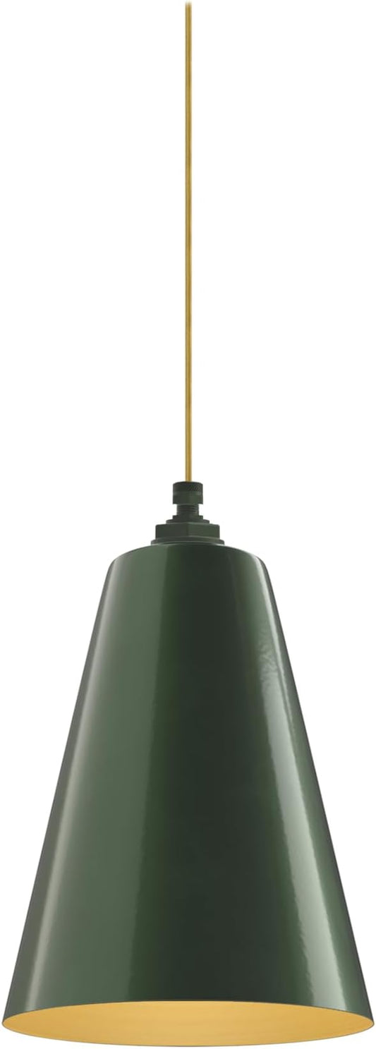 Steel Lighting Co. Laurel Pendant Light | Ceiling Mounted | 8.5 inch Cone Shade | Modern Contemporary Farmhouse Style Made in America | Gold Cloth Cord | Hunter Green Exterior/Brass Interior
