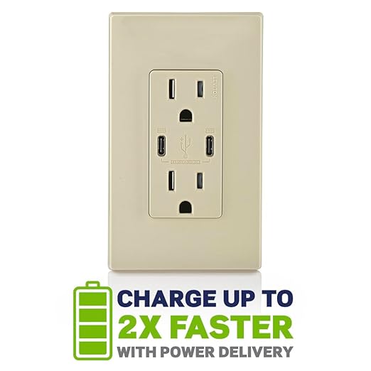 Leviton T5635-I 30W (6A) USB Dual Type-C/C Power Delivery In-Wall Charger with 15A Tamper-Resistant Outlet, USB Charger for Smartphones, Tablets, Laptops, Ivory