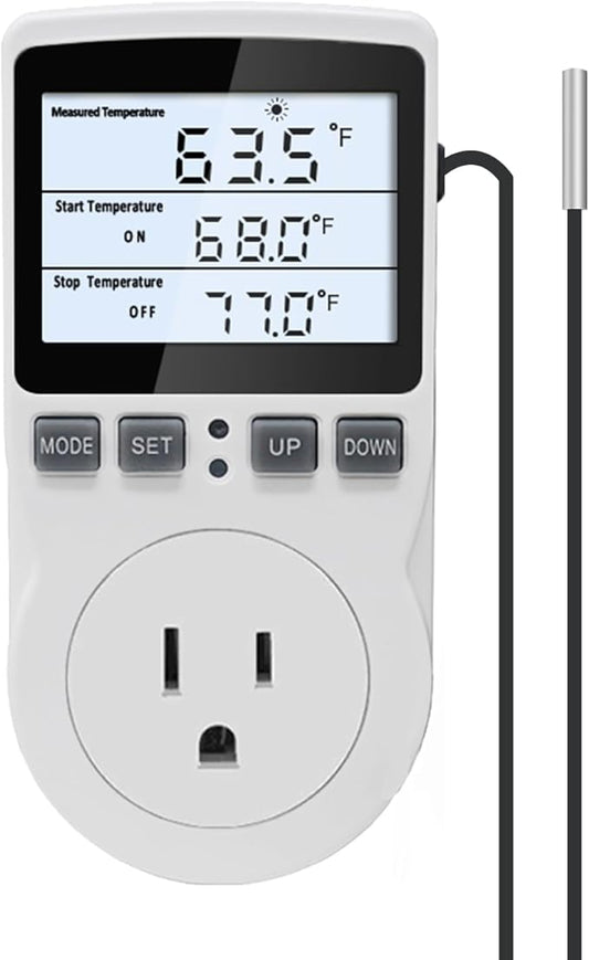 KT3100BL Digital Temperature Controller Outlet Socket VA LCD Display Plug in Thermostat 15A 120V Output with Blue Backlight 3m Temperature Sensor