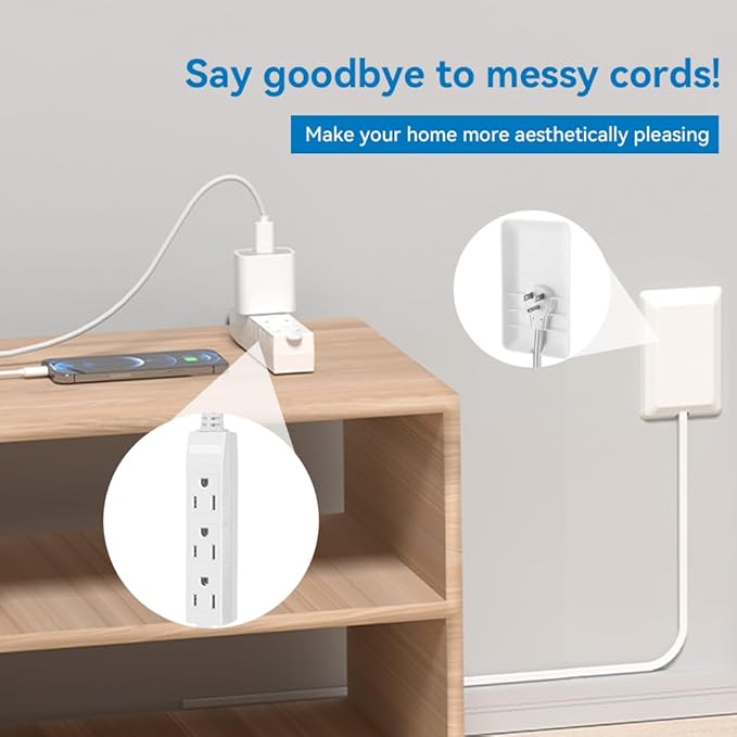 CILIA Flat-Face Outlet Extender, Ultra-Thin Wall Plate Plug with Cord Extender, 3 Outlets Power Strip, Childproof 3ft Extension Cord with Outlet Cover, Space-Saving, Hide Cords for Home, Office, White