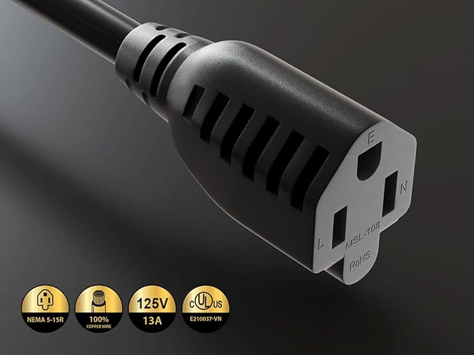 CableLeader 2ft Ultra Low Profile Power Extension Cord Cable NEMA 5-15P to NEMA 5-15R, UL Listed