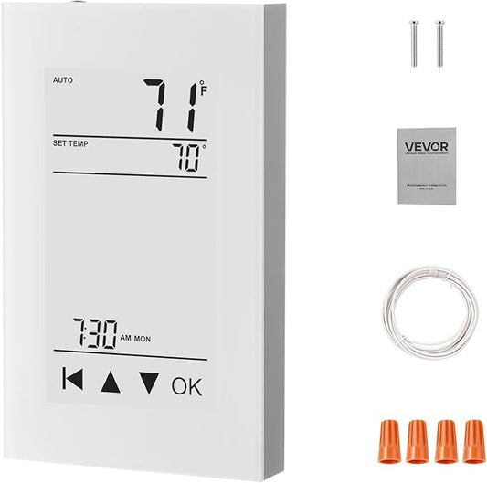 VEVOR 7-Day Programmable Thermostat, Home Thermostats for Radiant Underfloor Heating Cable, Heat Pump, with GFCI & Sensitive Sensor, LCD Touchscreen, Energy-Efficient, Gray-White (Without WiFi)